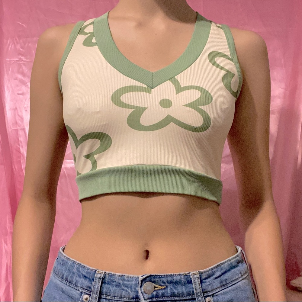 Y2K Green Floral Crop Top With Cooling Fabric